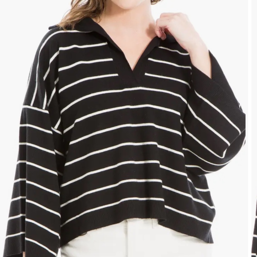 Max Studio Striped Green Johnny Collar Long-sleeve Top | Size Large |